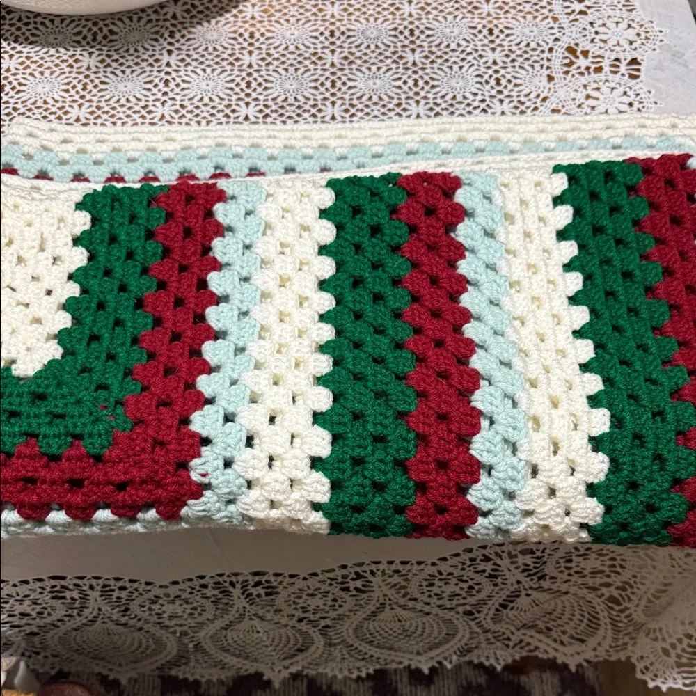 Handmade Crochet Blanket - Green, Red, and Cream